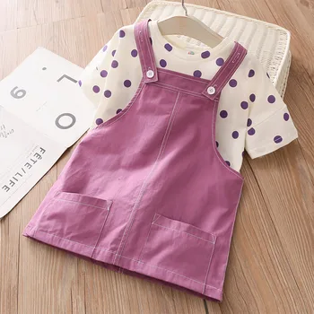 2022 Yaz Yeni 2 3 4 6 8 10 Yıl Bebek Tulum Pamuklu Elbise + Kısa Kollu Nokta T-shirt 2 Adet Okul Çocuk Kız Giyim Seti