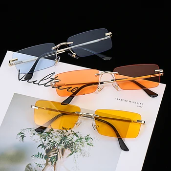 2022 Moda Dikdörtgen Çerçevesiz Güneş Gözlüğü Kare Vintage Gözlük Lüks Tasarım Unisex Retro Çerçeve Degrade Gözlük UV400 Gözlük