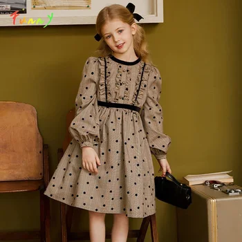 İlkbahar Sonbahar 2022 Çocuk Kız Elbise Uzun Kollu Dantelli Nokta Ekose Vintage Elbise Zarif Genç Çocuk Giysileri Kız Vestidos 4-14