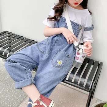 Moda Yaz Kız Tulum Papatya Nakış Kot Tulumlar Genç Okul Kızlar için Çocuk kot pantolon Jartiyer Elbise