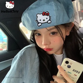 Sanrio Hello Kitty Yeni Denim Bere Kabak Şapka Streetwear Kadın Kore Karikatür Şapka Y2k moda Kapaklar Kadın Şapkalar Aksesuarları