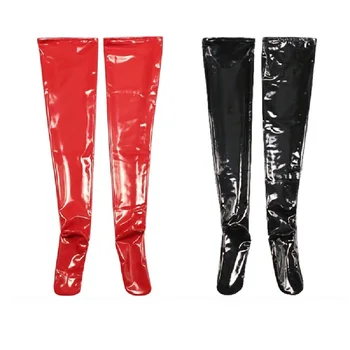 XL Wetlook PVC Parlak Seksi Çorap PU Deri Medias Negras Uyluk Yüksek Çorap Kış Diz Üzerinde Çorap Dans Gece Clubwear