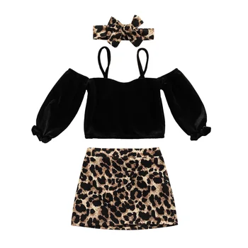 Bebek Çocuk Bebek Kız Rahat İki parçalı Giyim Seti, Siyah Düz Renk Kazak, Etek ve Yay Düğüm Headdress 2021 Yeni Moda