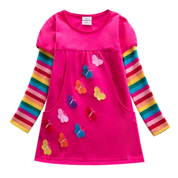 Bebek kız elbise TEMİZ marka yuvarlak boyun renk çizgili cepler %100 % pamuk kız uzun kollu elbise çiçek kız elbise H5802