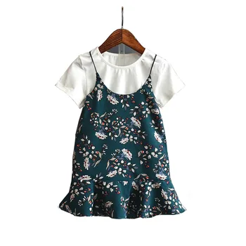 Yaz 2022 çocuk giyim kız pamuk kısa kollu + bahçe çiçek elbise 2pcs Sevimli kız elbise