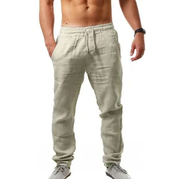 Erkek Keten Pantolon Hip Hop Nefes Spor Düz Renk Pamuk Keten Rahat pantolon