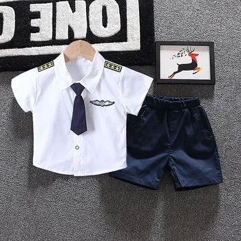 Çocuk Boys giyim setleri Yaz Yeni Stil Marka Bebek Erkek Kısa Kollu Pilot Gömlek + Pantolon 2 Adet Çocuk Giysileri Takım Elbise 12M-5Y