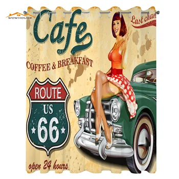 Rota 66 Mutfak Perdeleri Cafe Diner Burcu Vintage Lady Oturan bir Araba Karayolu Nostaljik Grunge Tema Pencere Perdeler için Mutfak