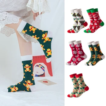 Noel Çorap Kadın Komik Noel Ağacı Zencefilli Kurabiye Adam Çorap Kawaii Karikatür Kar Tanesi Geometrik noel hediyesi Pamuk Çorap