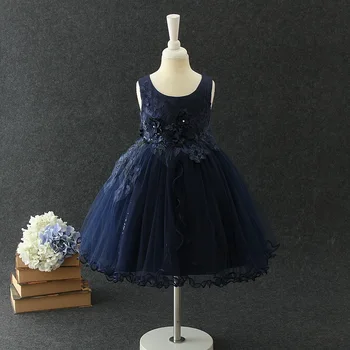 Lacivert Zarif Kız Elbise Doğum Günü Melek Aplikler Çiçek Kız Vestido Kız Elbise 3 4 6 8 10 12 Yaşındaki RKF184080