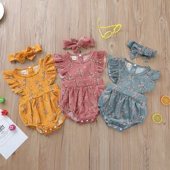 Yenidoğan Bebek Bebek Kızlar Kadife Kol Çiçek Romper+0-24Months için 2pcs Kıyafetler Bahar Sonbahar Giyim Sinek saç Bandı 