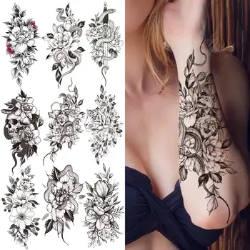 Çiçek Yılan Geçici Dövme Kadınlar Kızlar İçin Ölüm Kafatası Sahte Gül Dövmeler Sticker Siyah Sweatpea Flora Su Transferi Dövmeler