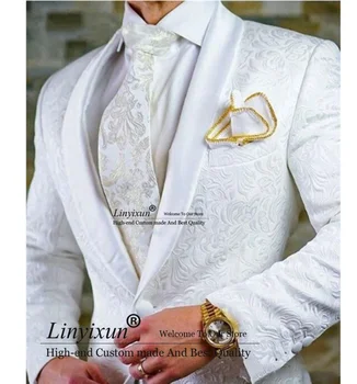 Klasik Jakarlı Groomsmen Beyaz Damat Smokin Şal Yaka Erkek Takım Elbise Düğün En Iyi Erkek Blazer Ceket pantolon seti Terno Masculino
