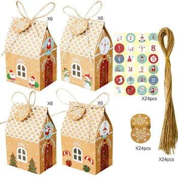 24 Adet Noel Ev Şekli şeker kutusu Kraft Kağıt hediye keseleri Ambalaj Kutuları Halatlar İle Noel Ağacı Kolye DIY Çerez Çanta Kutusu