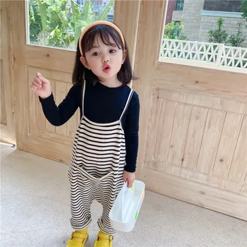 Bahar Yaz Çizgili Tulum Kolsuz Askı Pantolon Çocuk Kız Kıyafetler Toddlers Moda Tulum Elastik Bel Gevşek Tulumlar