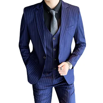 3 Adet Set Blazers Ceket Pantolon Yelek / 2022 Moda erkek Rahat Butik İş Çizgili Damat Düğün Takım Elbise Pantolon Yelek