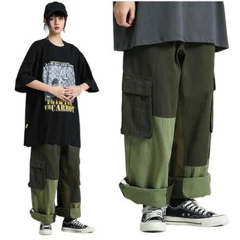 Bol kargo Pantolon Erkekler Yüksek Bel Cepler Streetwear Pantolon Baggy Pantolon Vintage Toka İpli Geniş Bacak Pantolon