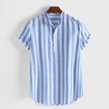 2021 Vintage Düğmeler Gömlek Erkekler kısa kollu Bluz Pamuk Keten Erkek Gömlek Nefes Rahat Strretwear Çizgili Erkek Gömlek