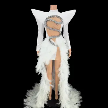 Kadınlar Sparkly Rhinestones Tüy Şarkıcı Performans Kostüm Sahne Giyim Uzun Kuyruk Elbise Akşam Doğum Günü Kutlamak Elbise