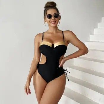 Mayo Bayanlar Tek Parça Bikini Siyah Sling 2023 Son Moda Seksi Siyah Altın Sling Beachwear Bayanlar Seksi Yüksek Bel Mayo