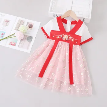 Kızlar Prenses Elbiseler Hanfu Yaz Çocuk Çiçek Elbise Çiçek Kız Etek Peri Örgü Elbiseler Çocuk Zarif Elbise Çocuk Giyim