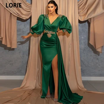 LORIE Yüksek Kalite Yeşil balo kıyafetleri Puf Kollu V Yaka Yüksek Yan Yarık Örgün Abiye giyim Uzun Düğün Parti Elbise Vestidos