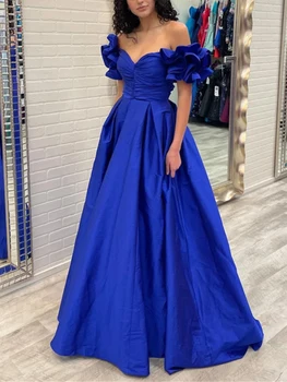 Zarif Mavi Balo Elbise Kat Uzunluk Kapalı Omuz Fırfır Kollu Dantelli Yüksek Bel Flowy Elbise Sparkly Akşam Düğün Konuk kıyafeti