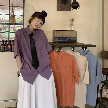 QWEEK Kadınlar Vintage Bluz papyon ile Yaz 2021 Moda Kore Tarzı Büyük Boy Kısa Kollu Okul Gömlek Kpop Mor Üst