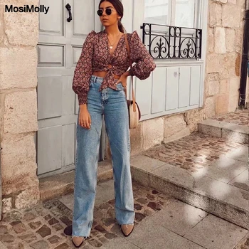 MosiMolly Yıkanmış Denim Kot Pantolon Kadın Streetwear Geniş Bacak Kat Uzunluk Kot uzun pantolon Kadın Alt 2020 Moda