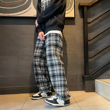 Privathinker Kore Kalınlaşmak erkek Ekose pantolon Yüksek Bel Düz bacak Erkek Moda Marka Harajuku Pantolon Harajuku Pantolon