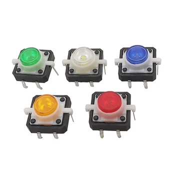 10 Adet İnceliğini basmalı düğme anahtarı LED ışıkları ile Işıklı Dokunsal Sıfırlama Anlık Anahtarları 4 Pin 12*12*7.3 mm 5 Renk