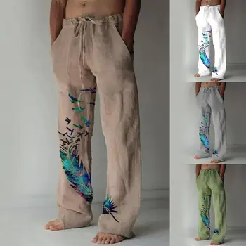 Basit pantolon Vintage gevşek kuş desen düz pantolon ipli erkek erkek pantolon Yoga için