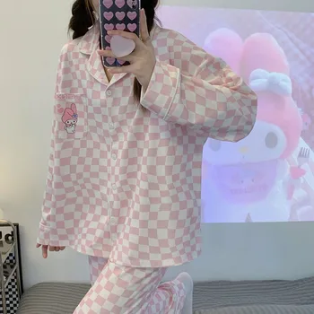 Sanrio Kawaii Pijama Kuromi Benim Melodi Ponpon Purin Sevimli Karikatür Bayanlar Pamuk Gevşek Uzun Kollu Pijama Seti Kız Ev Giyim