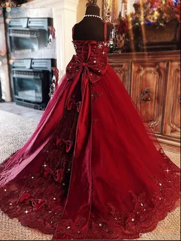 Kırmızı Çiçek Kız Elbise Spagetti Rhinestone Aplike Düğün Parti Tül Balo Kolsuz Kat Uzunluk Prenses Kız Elbise