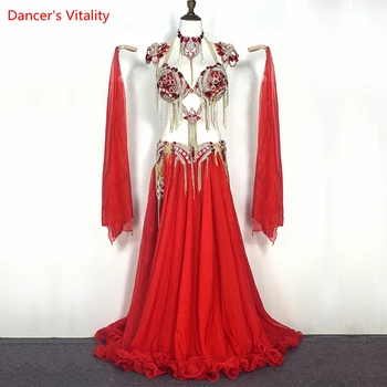 Oryantal Dans Performansı Kostümleri Set Taşlar Sutyen + kemer + etek + arms + kolye 5 adet Oryantal Dans Giyim Oryantal Dans Kıyafeti Giymek