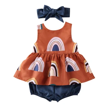 Lioraitiin Yeni Moda Toddler Bebek Kız Yaz Giyim Seti Kolsuz Gökkuşağı Baskılı üst giysi Katı Şort 3 Adet Kıyafet
