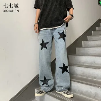 Hip Hop Kargo Kot Erkekler Vintage Yıldız Baskı Yıkanmış Harajuku Streetwear düz Pantolon Gevşek Rahat koşu pantolonları Erkek 2022
