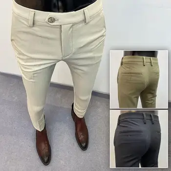 2022 Hombre Yüksek Kaliteli erkek Pantolon İş Ofis Elbise Şerit İnce Pantolon Sıkı Bahar Yeni Düz Renk Takım Elbise Pantolon