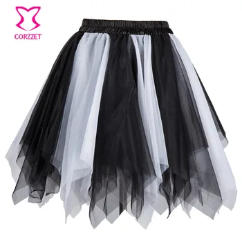 Siyah & Beyaz Katmanlı Asimetrik Tül Seksi Gotik Korse Etek Woment Tutu Petticoat Jüpon Kısa Mini Pettiskirt
