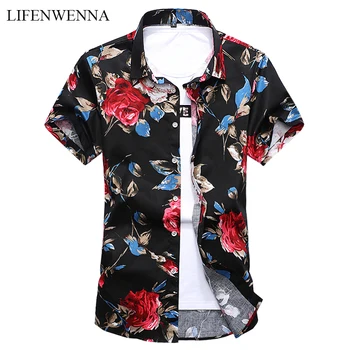 M-7XL Yeni Yaz Moda Erkek Gömlek Slim Fit Kısa Kollu Çiçek Gömlek Erkek Giyim Trendi Artı Boyutu Erkek Rahat Çiçek Gömlek