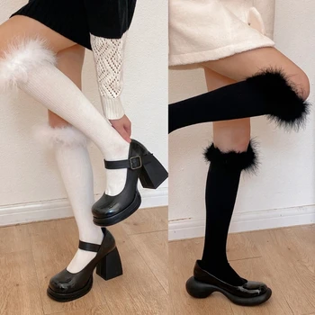 M2EA Kadın Tiki Tarzı diz üstü çorap Sevimli Kürklü Tüy Trim Patchwork Üniforma Öğrenci Kış Nervürlü Çizmeler Çorap