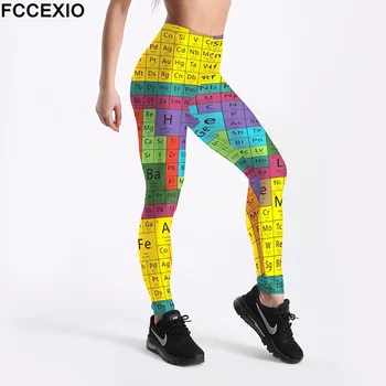 FCCEXIO Bayan Yüksek Bel Pantolon Periyodik Tablo Kimyasal Elementler Baskı Soba Borusu Egzersiz Pantolon Streç Spor Tayt