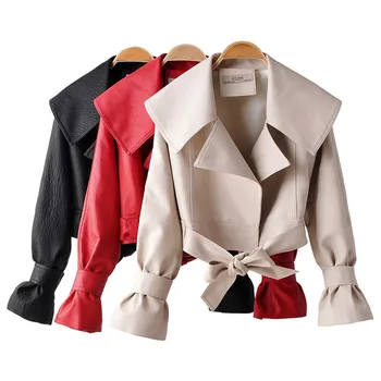 Temel Klasik Yüksek belli Yakışıklı Streetwear PU Deri Ceket Kadın Yaka Şık Gevşek Giyim Kadın Kısa Deri Ceket