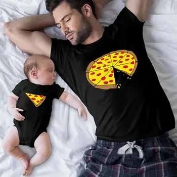 Komik Pizza Baskı Baba Anne Çocuk T-Shirt Bebek Bodysuit Pamuk Yaz Aile Eşleştirme Kıyafetler Anne Baba Çocuk Maç Giysileri