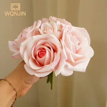 WQNJIN Yeni Simülasyon Güller Pembe Beyaz Ev Düğün Dekorasyon Çiçekler yapay çiçekler Güller Nemlendirici Dokunmatik