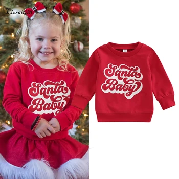 2022-08-09 Lioraitiin 0-4Years Toddler Bebek Kız Sonbahar Noel Tişörtü Uzun Kollu Kırmızı Mektup Baskılı günlük kıyafetler