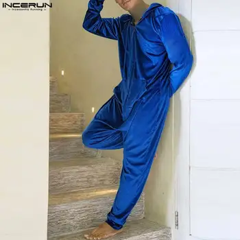 INCERUN Erkek Pijama Tulumlar Kadife Düz Renk Kapşonlu Uzun Kollu Fermuar Rahat Tulum 2022 Gecelik Cepler Erkek Pijama
