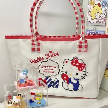 Hello Kitty Çanta Işlemeli Tote Çanta Tatlı Kız Öğrenci Parti Büyük Kapasiteli Çanta Sevimli Kitap Çantası Oyuncak Saklama Çantası Laptop Çantası