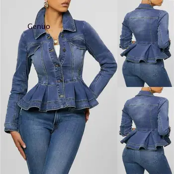 Kadın Denim Ceket Fırfır Etek Slim Fit Kadın kısa kot pantolon Ceket Ceket Vintage Turn Down Yaka Denim Ceket Giyim Femme