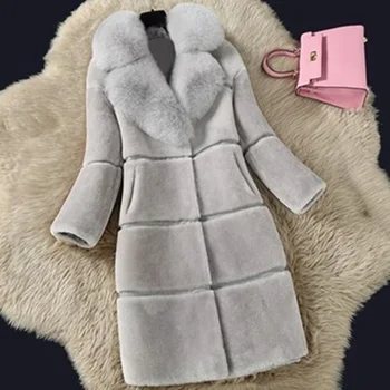 Faux Kürk Palto Kadınlar Kış Ceket Kalın Uzun Kürk Yeni Kadın Sıcak Sahte Tilki Kürk Yaka Taklit Kürk Giyim Artı boyutu Abrigo Mujer